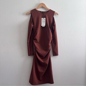 Zara Brown Cut Out Ruched Dress NWT